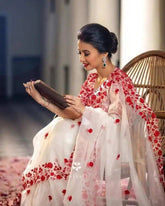 Saree_soft_organza_silk_white_red_partywear_festive_S10739 - Saree - Aakritee - S10739